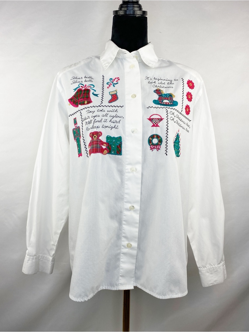 Vintage Karen Scott Holiday Christmas Carol Embroidered Button Down Shirt Medium